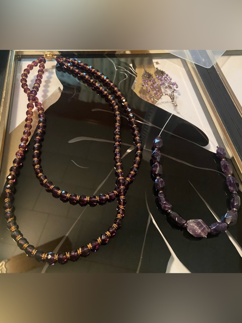 2 Vintage Amythyst Necklaces and a pair of Purple Dangle Earrings #115